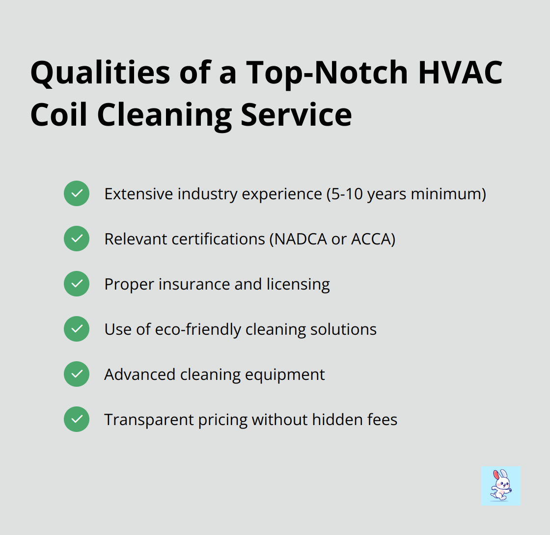 A checkmark list showing six qualities of a top-notch HVAC coil cleaning service: experience, certifications, insurance, eco-friendly solutions, advanced equipment, and transparent pricing. - air duct cleaning scam