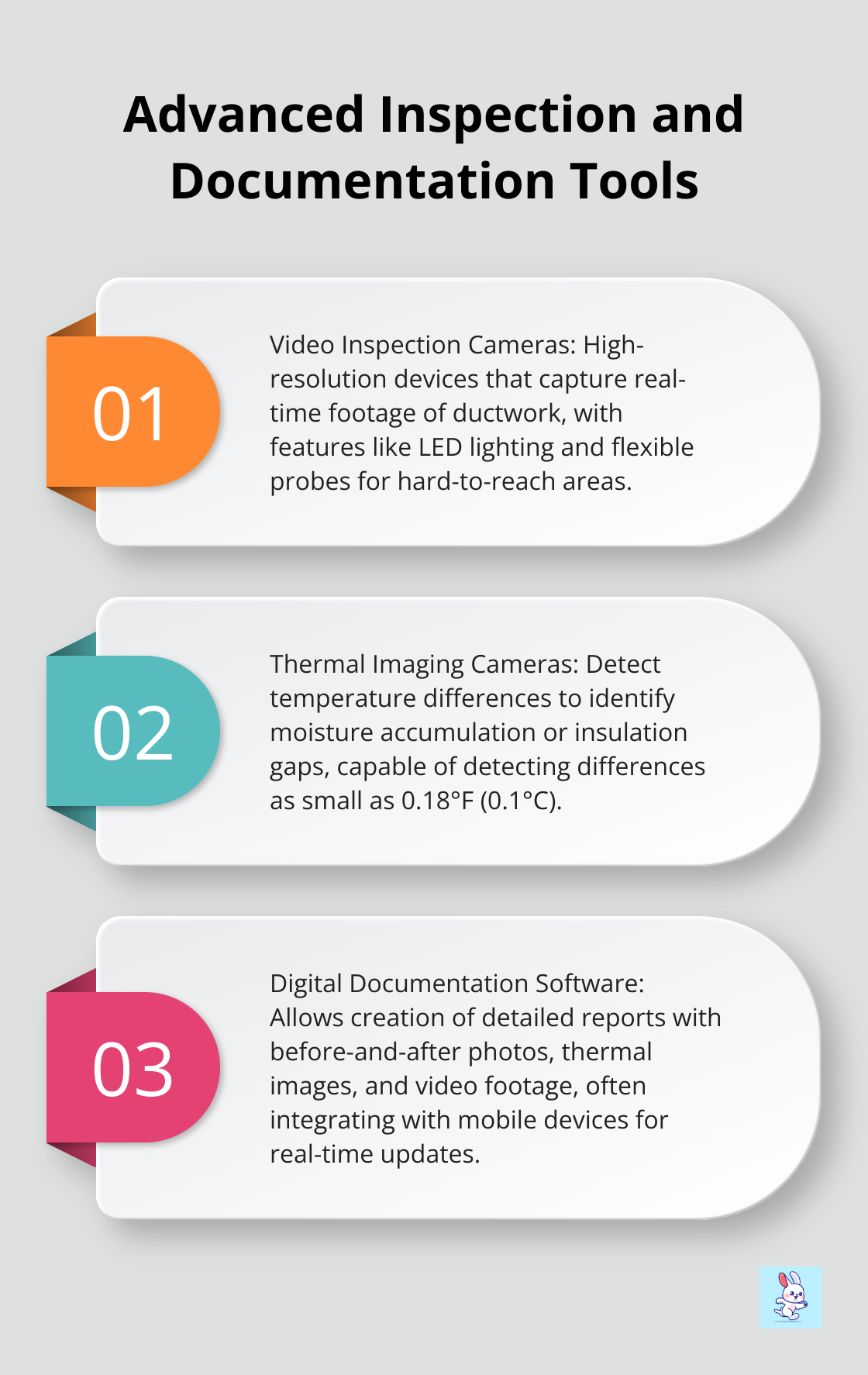 Ordered list chart showing three advanced tools for air duct inspection and documentation: Video Inspection Cameras, Thermal Imaging Cameras, and Digital Documentation Software