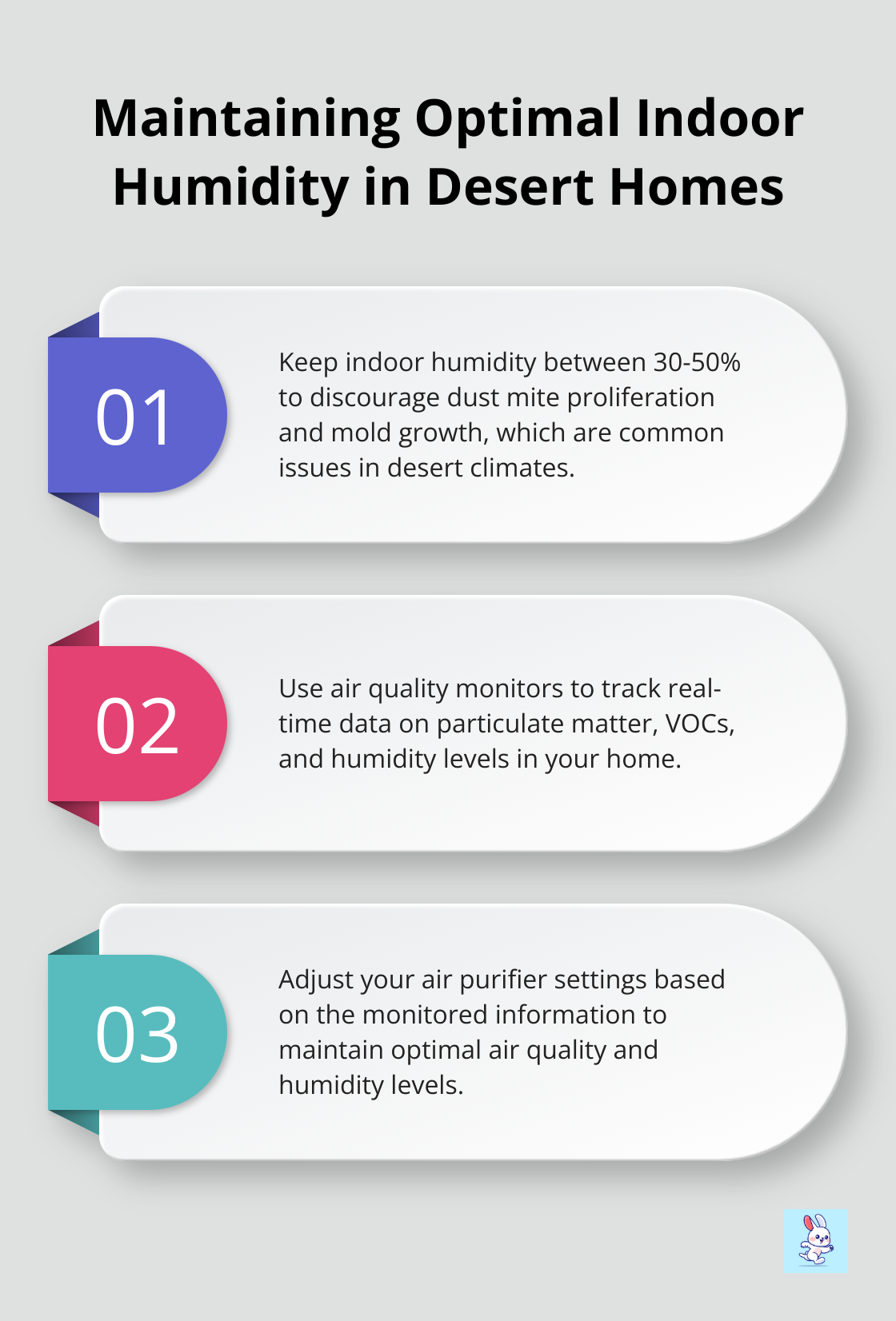 Ordered list chart showing three key points about maintaining optimal indoor humidity in desert homes - air purification systems