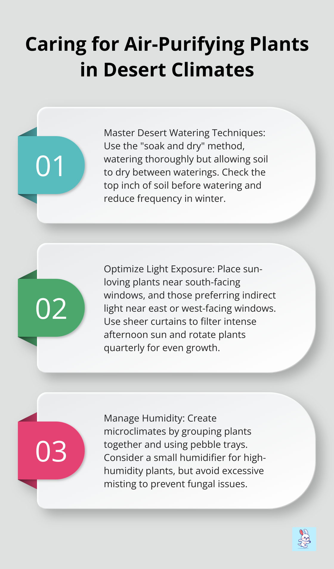Ordered list chart showing 3 key techniques for caring for air-purifying plants in desert homes: watering, light exposure, and humidity management - air purifying houseplants
