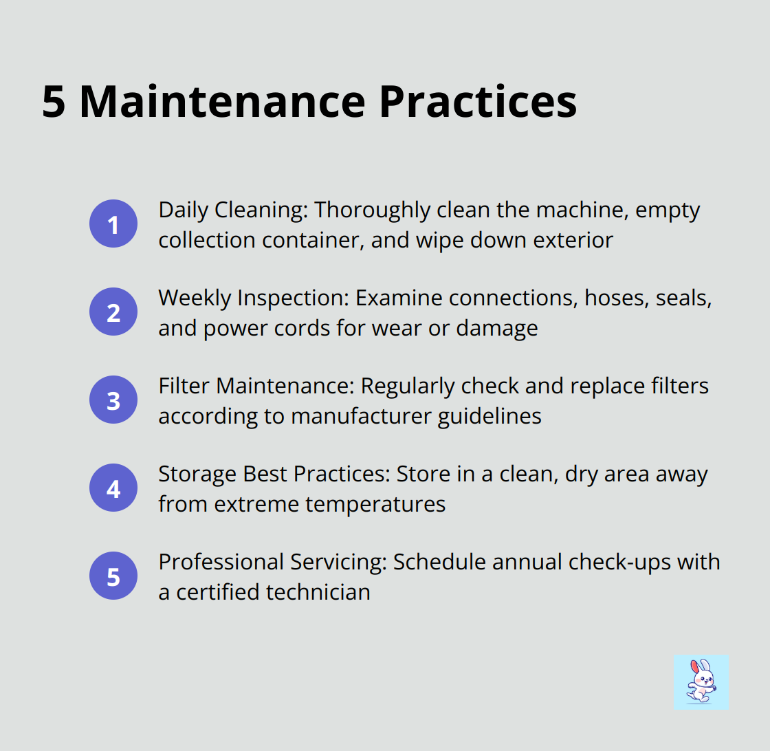 Ordered list of five maintenance practices for HVAC duct cleaning machines: daily cleaning, weekly inspection, filter maintenance, storage best practices, and professional servicing - diy hvac cleaning