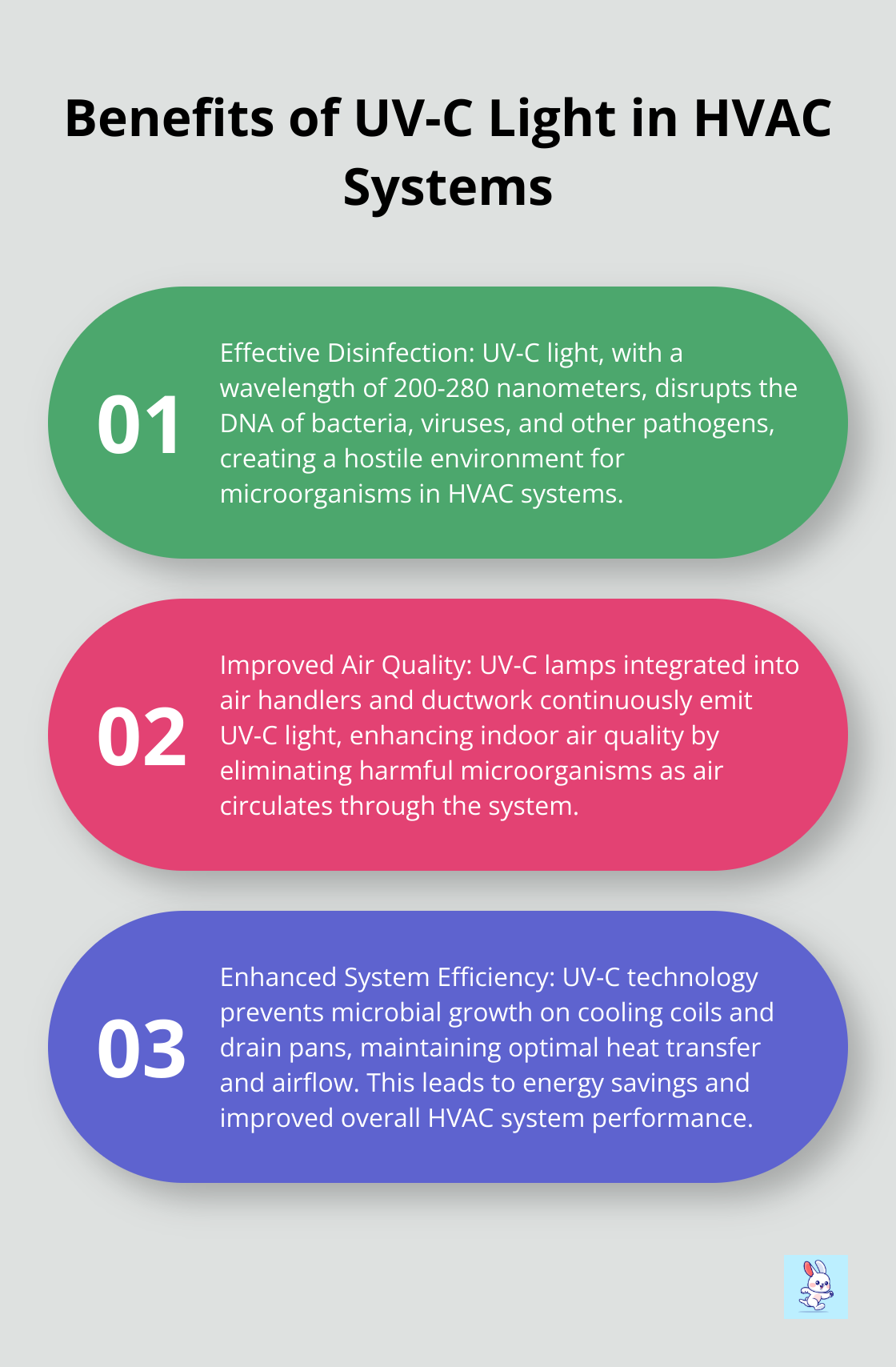 An ordered list chart showing three key benefits of UV-C light technology in HVAC systems: effective disinfection, improved air quality, and enhanced system efficiency. - diy hvac vent cleaning