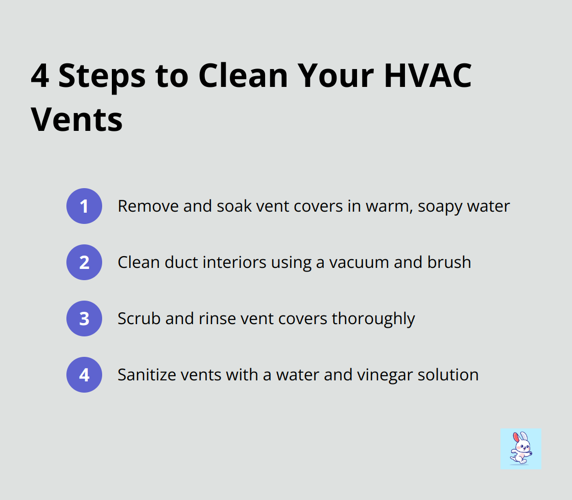 Ordered list of 4 steps to clean HVAC vents: remove covers, clean ducts, scrub covers, sanitize