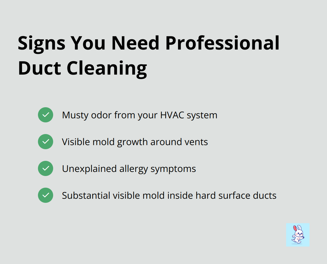 Checkmark list of signs indicating need for professional duct cleaning - dryer air duct cleaning cost