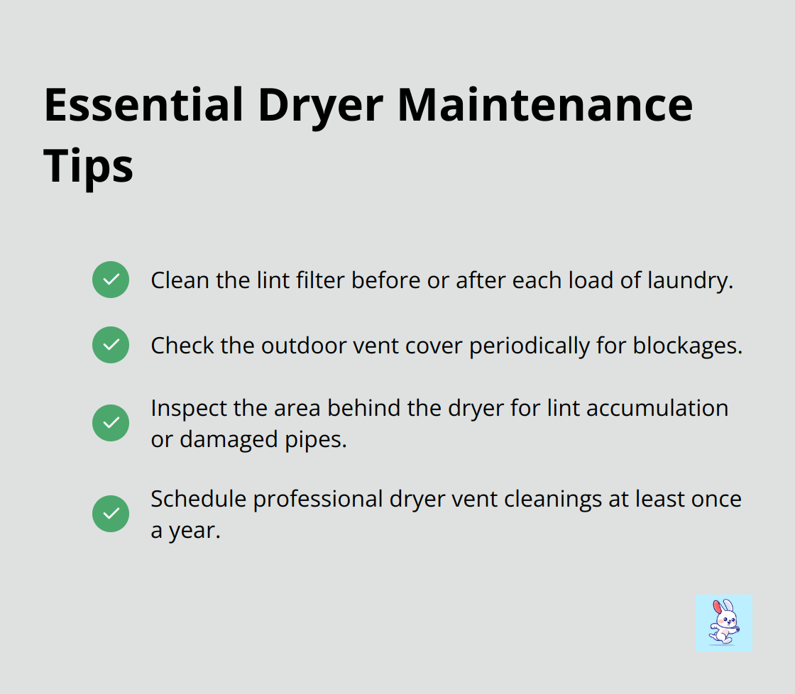 Checkmark list of essential maintenance tips for preventing dryer fires, including cleaning the lint filter, checking the outdoor vent cover, inspecting the area behind the dryer, and scheduling professional cleanings. - dryer fire prevention