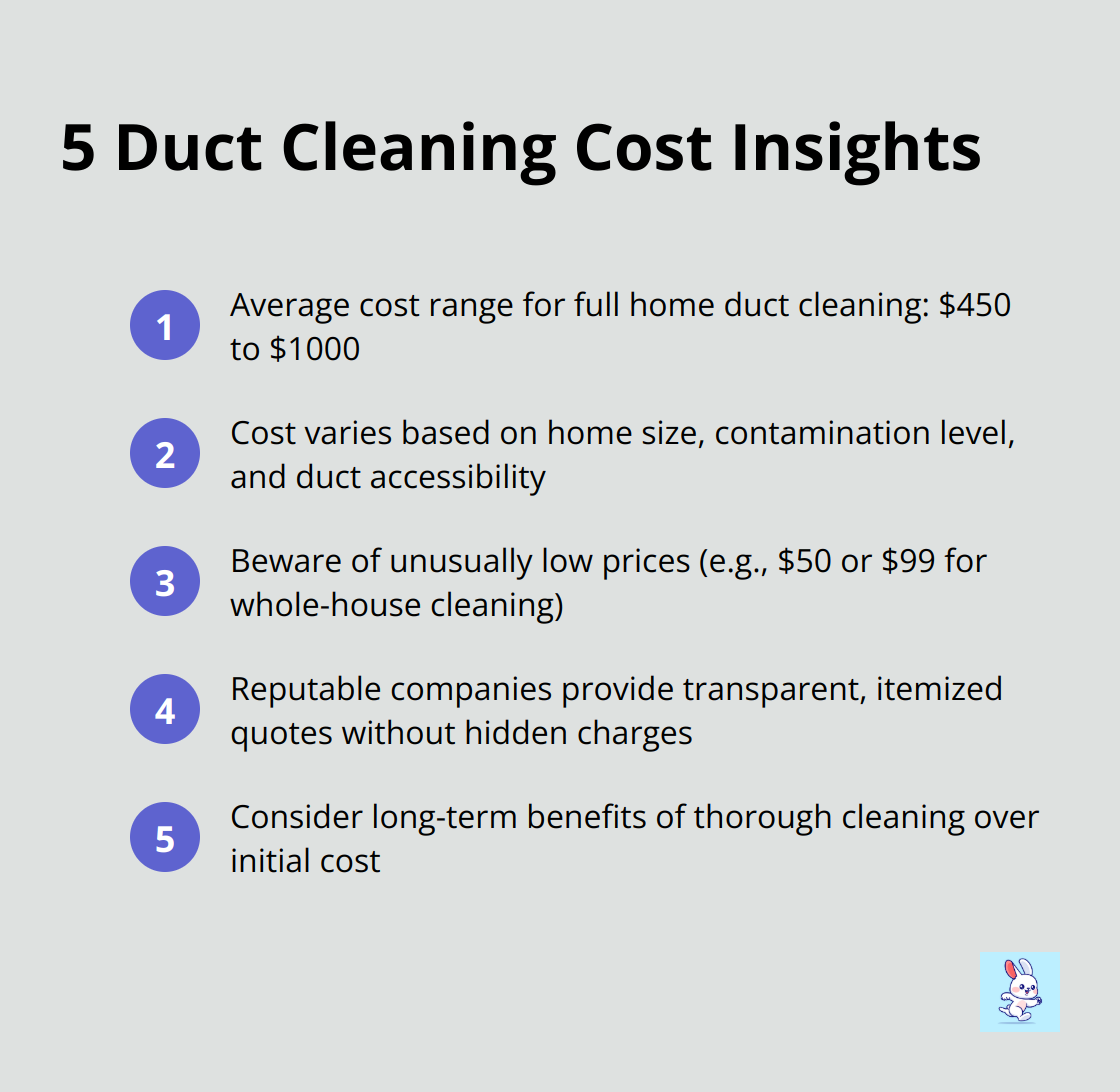 Compact ordered list chart showing 5 key insights about HVAC duct cleaning costs, including average price range, factors affecting cost, and warning signs of potential scams. - how much is hvac duct cleaning