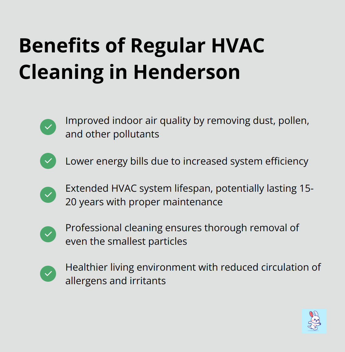 Checkmark list chart showing five key benefits of regular HVAC cleaning in Henderson: improved indoor air quality, energy bill savings, extended system lifespan, professional cleaning advantages, and healthier living environment.