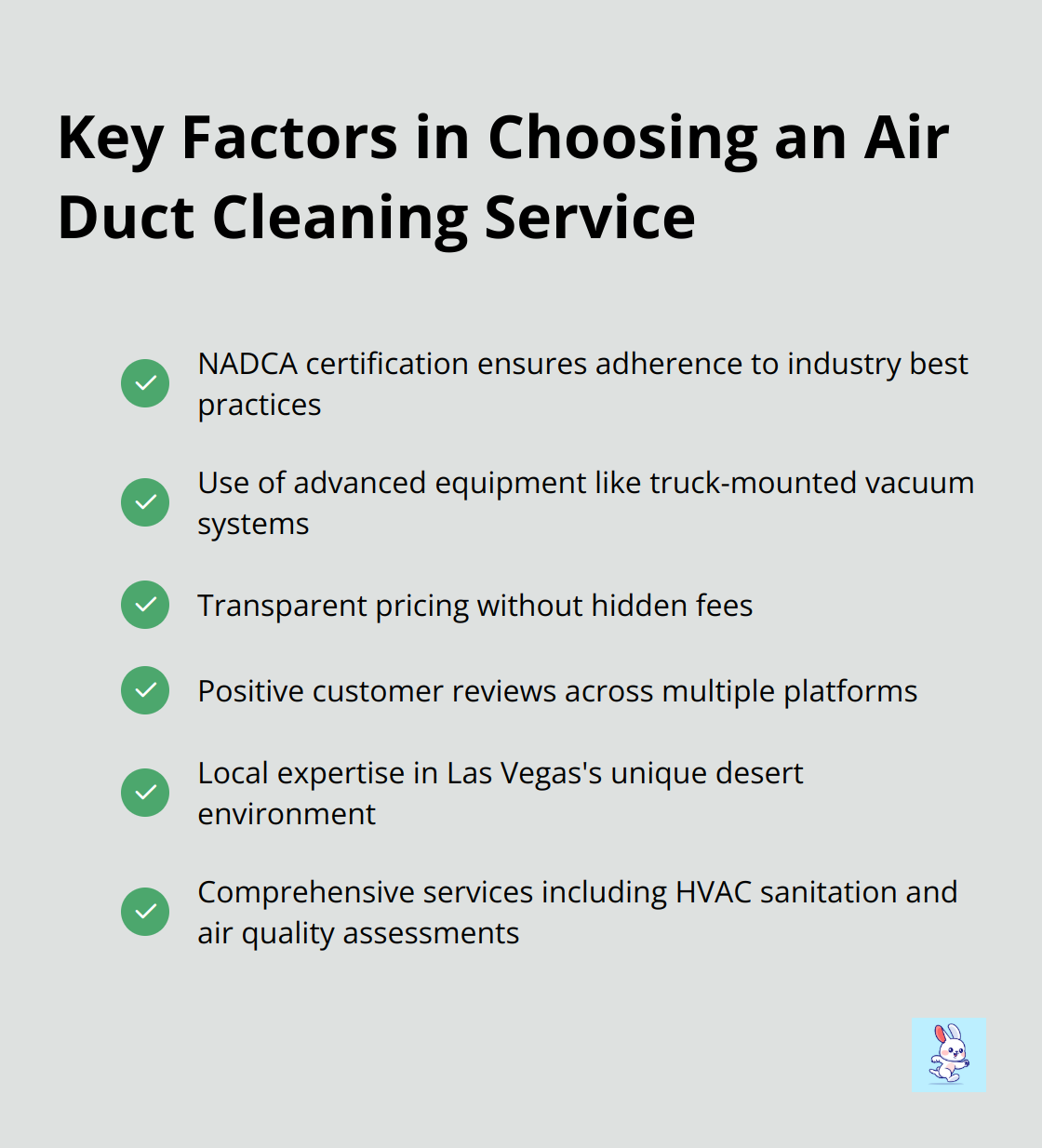Checkmark list of important factors to consider when selecting an air duct cleaning service in Las Vegas - hvac cleaning technologies