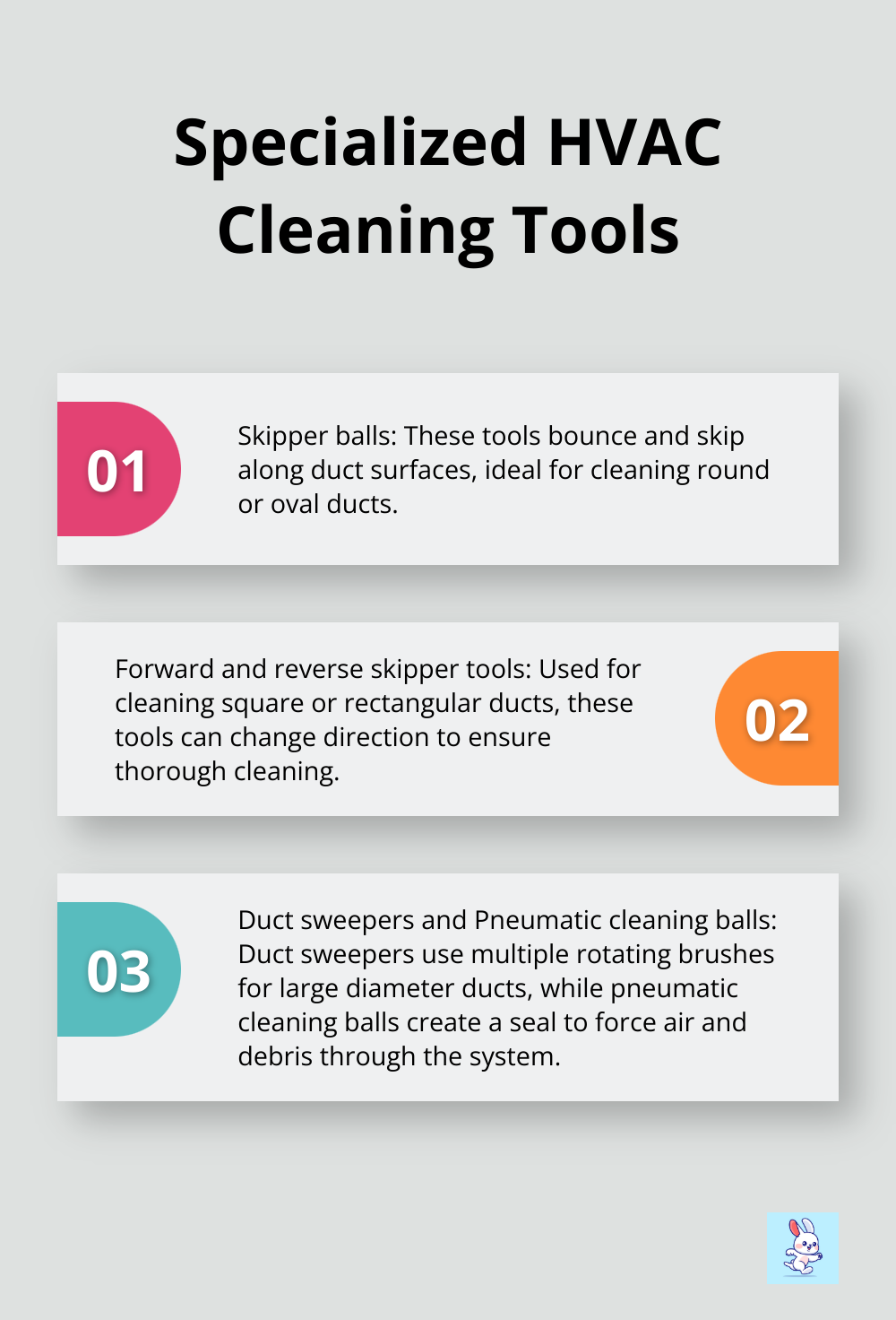 Chart listing four specialized tools for unique duct cleaning situations: Skipper balls, Forward and reverse skipper tools, Duct sweepers, and Pneumatic cleaning balls - hvac cleaning tools