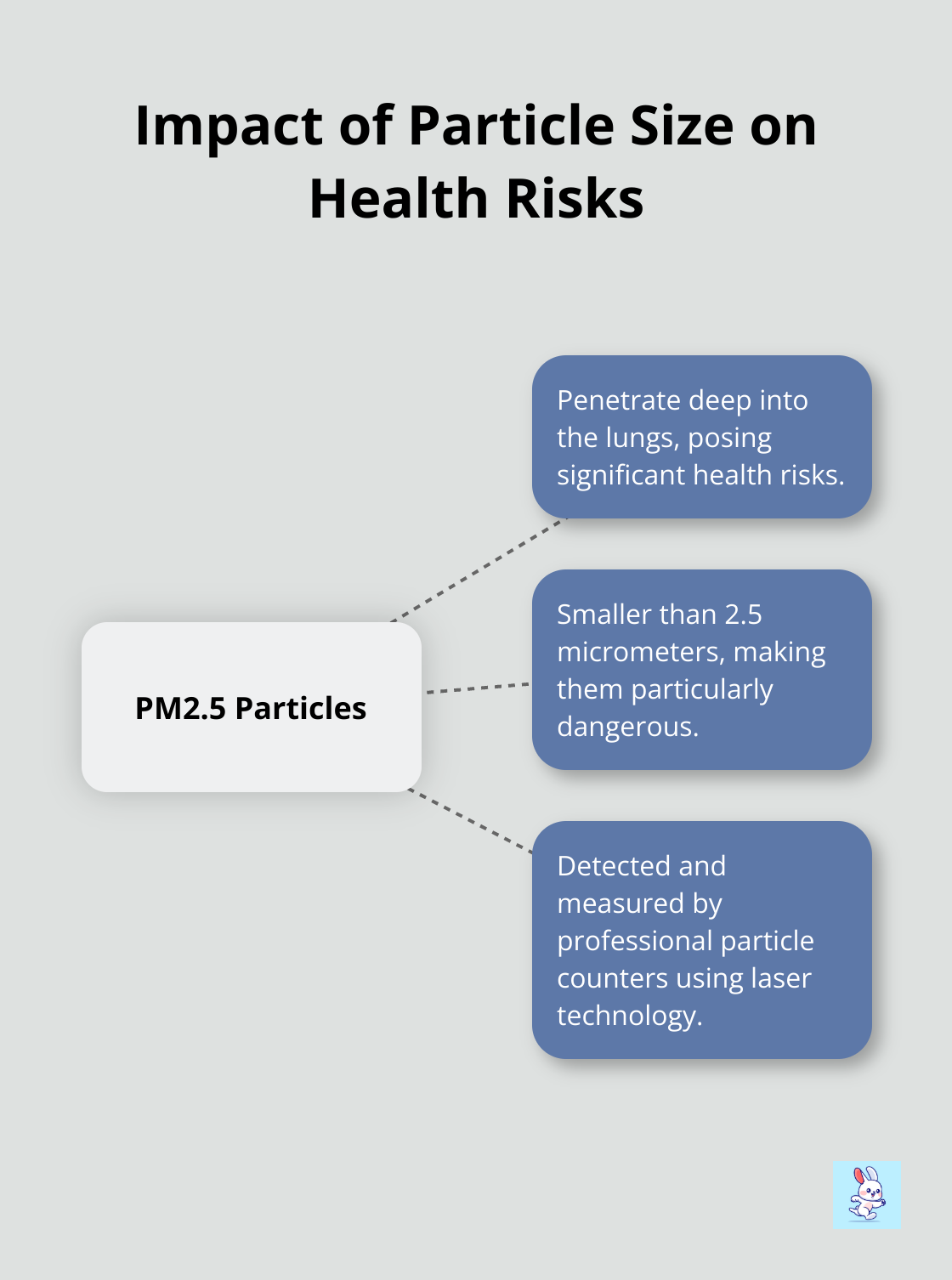 Hub and spoke chart showing PM2.5 particles at the center, with spokes illustrating their ability to penetrate deep into lungs, pose greatest health risks, and be detected by particle counters. - hvac coil cleaning spray