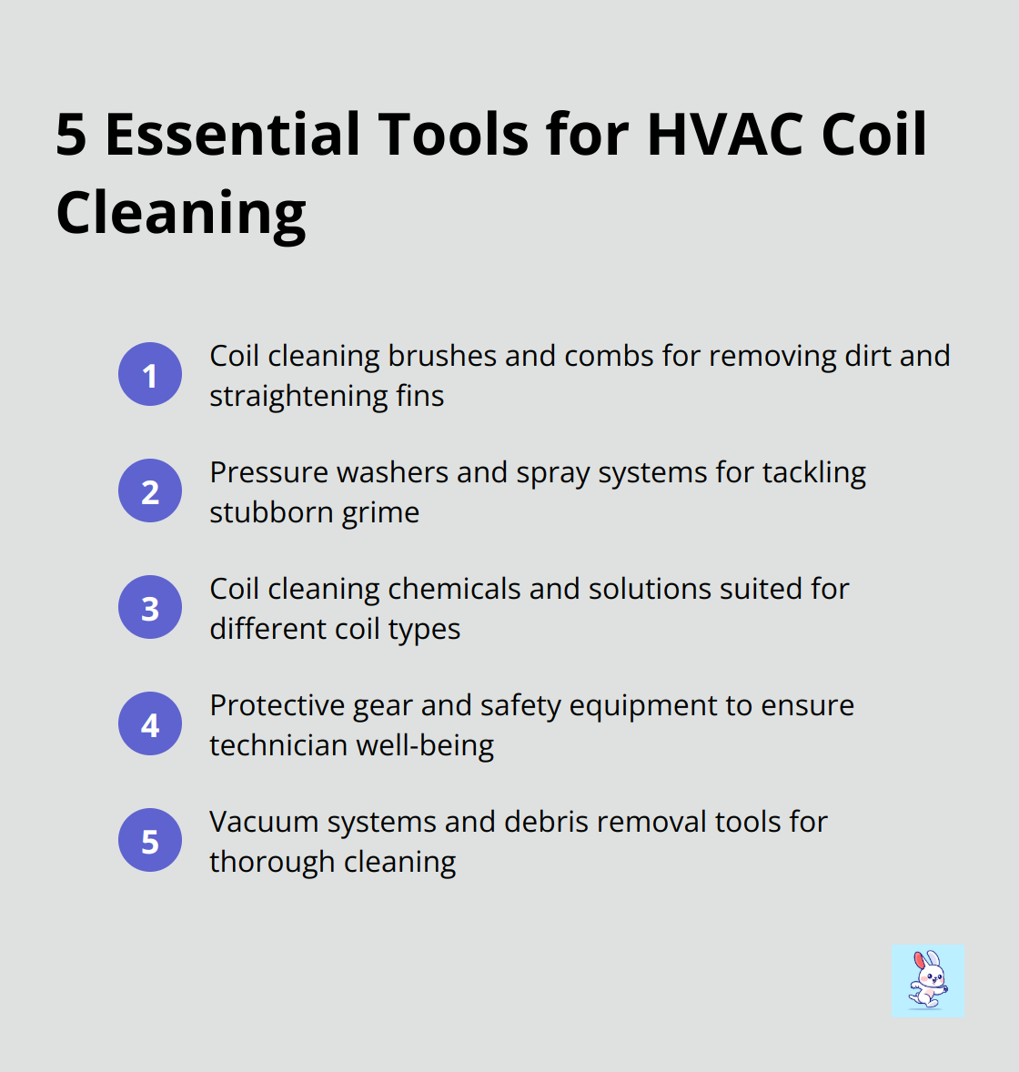 Ordered list of 5 essential tools for HVAC coil cleaning: coil cleaning brushes and combs, pressure washers and spray systems, coil cleaning chemicals and solutions, protective gear and safety equipment, and vacuum systems and debris removal tools. - hvac coil cleaning tools