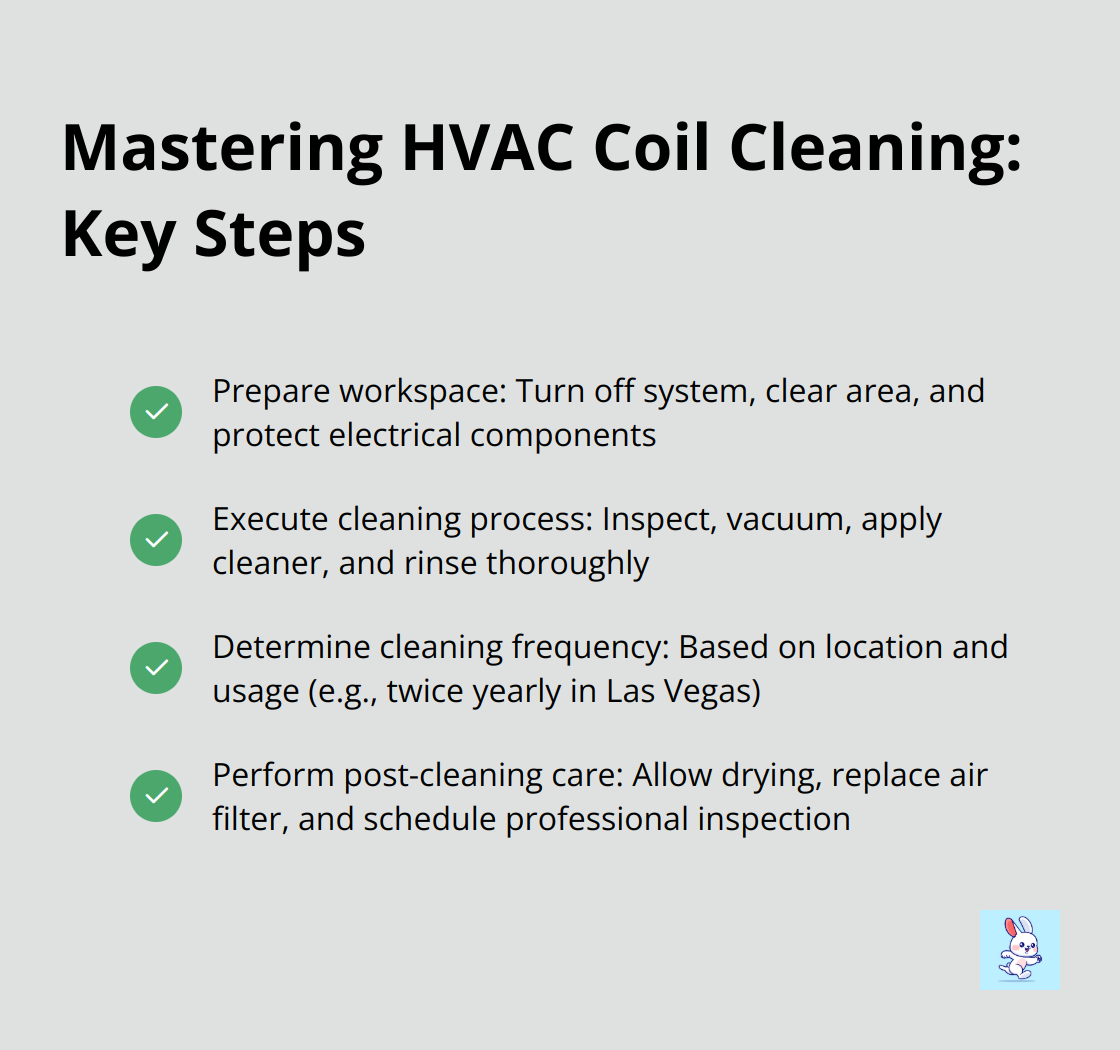 Checkmark list of key steps for mastering HVAC coil cleaning: prepare workspace, execute cleaning process, determine cleaning frequency, and perform post-cleaning care. - hvac coil cleaning tools