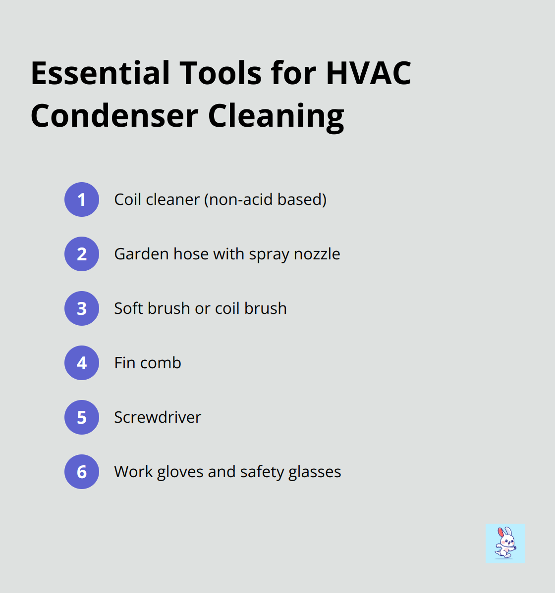 Ordered list of six essential tools for cleaning an HVAC condenser: coil cleaner, garden hose with spray nozzle, soft brush or coil brush, fin comb, screwdriver, and work gloves and safety glasses.