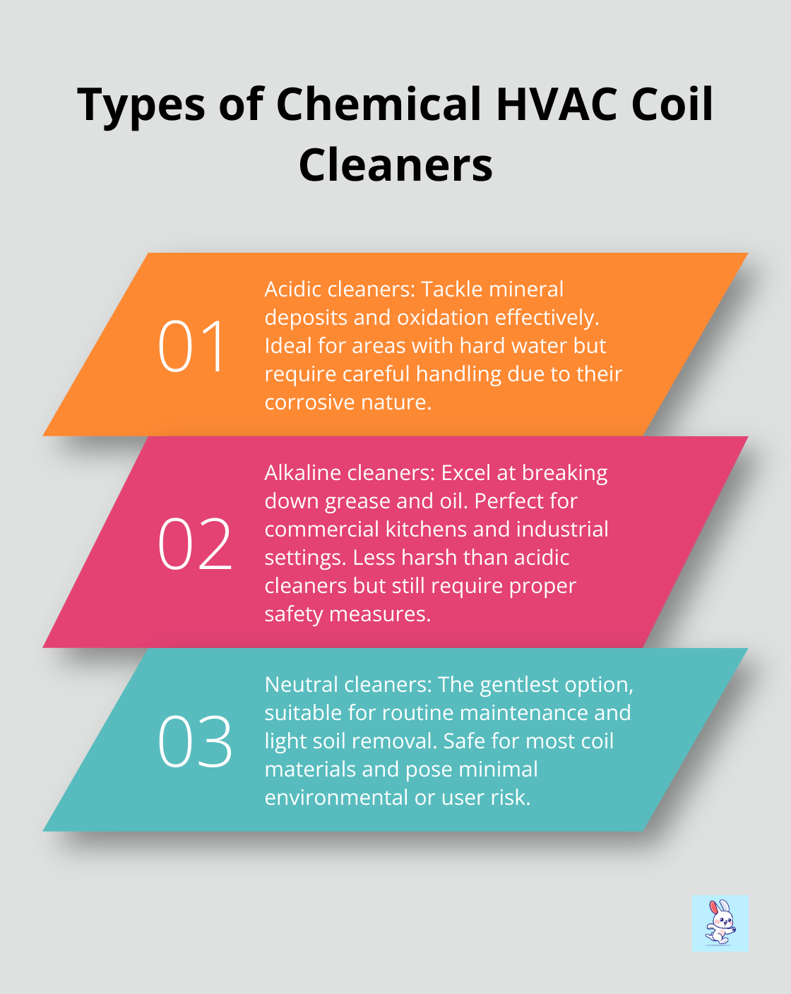 An ordered list chart showing three types of chemical HVAC coil cleaners: acidic, alkaline, and neutral, along with their characteristics and ideal use cases. - hvac dryer vent cleaning