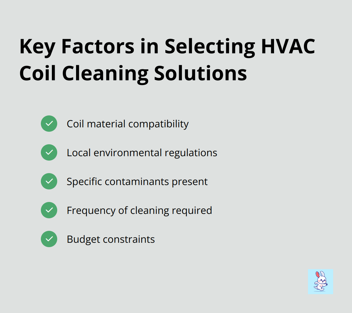 A checkmark list chart displaying five key factors to consider when selecting HVAC coil cleaning solutions: coil material compatibility, local environmental regulations, specific contaminants present, frequency of cleaning required, and budget constraints. - hvac dryer vent cleaning