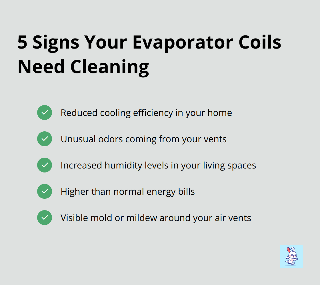 Checklist of 5 signs indicating that HVAC evaporator coils require cleaning: reduced cooling efficiency, unusual odors from vents, increased humidity levels, higher energy bills, and visible mold around air vents. - hvac duct cleaning brush for drill