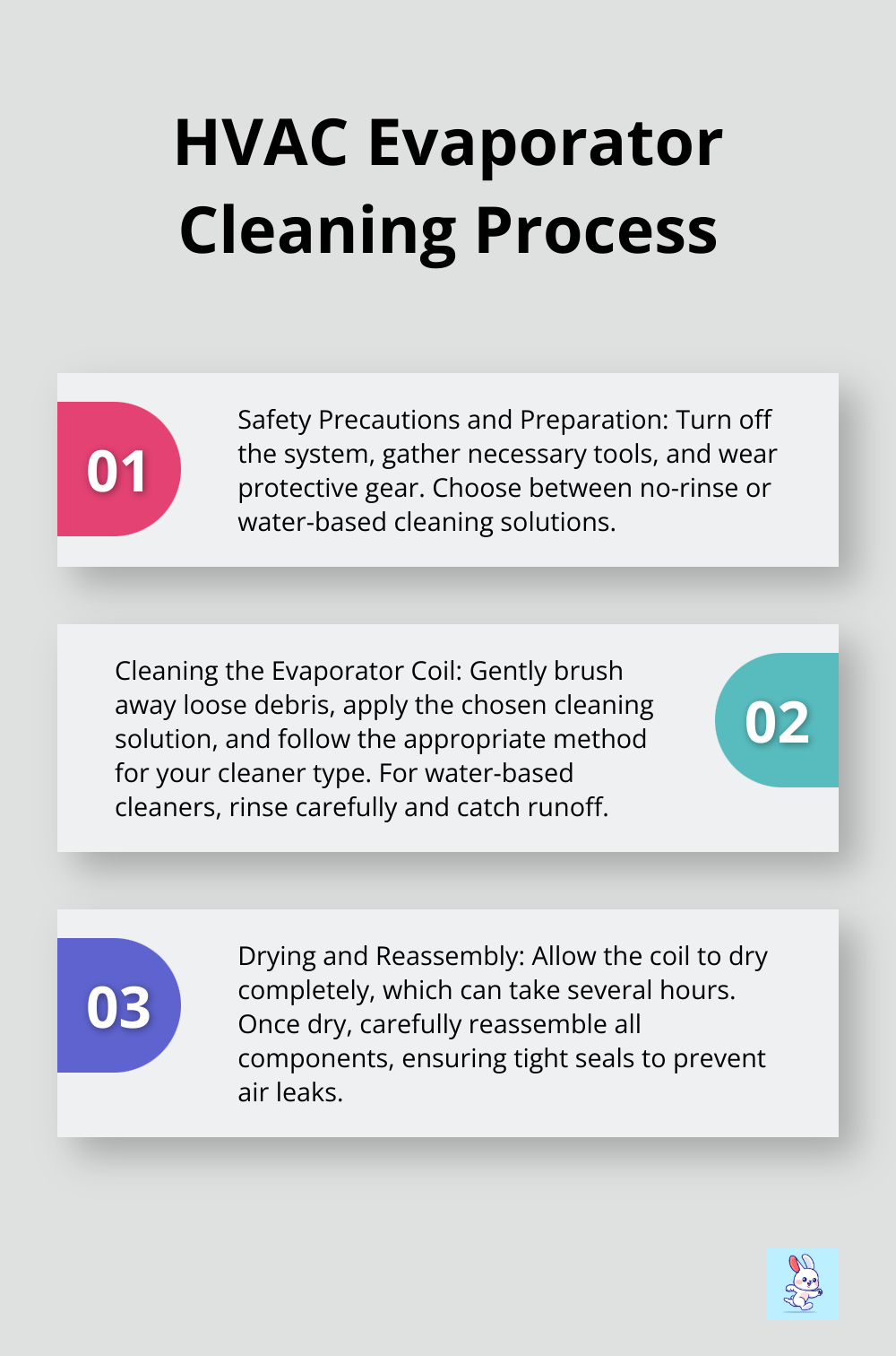 Ordered list showing the three main steps of the HVAC evaporator cleaning process: Safety Precautions and Preparation, Cleaning the Evaporator Coil, and Drying and Reassembly.