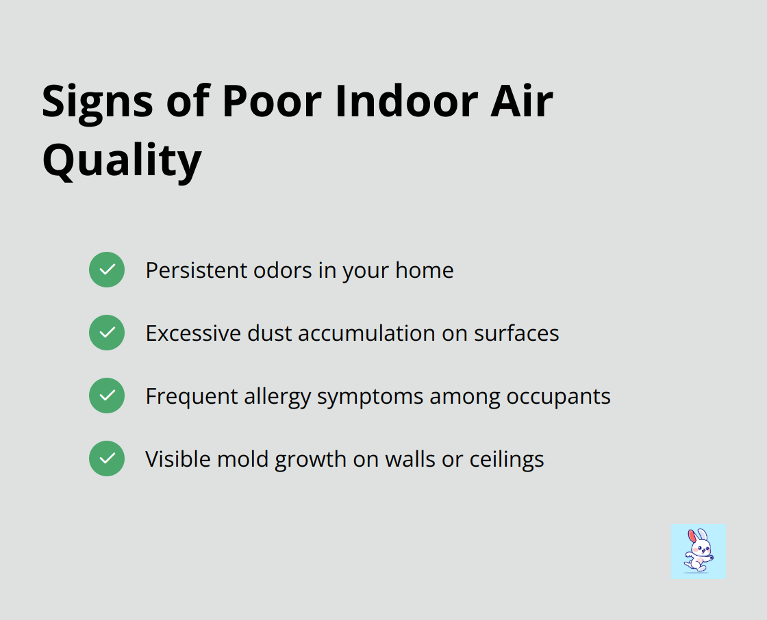 Checklist of 4 signs indicating poor indoor air quality: persistent odors, excessive dust accumulation, frequent allergy symptoms, and mold growth on walls or ceilings.