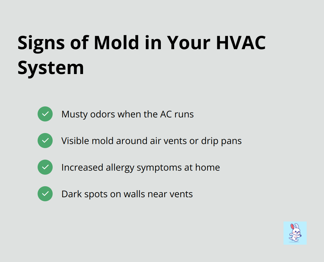 Checklist of 4 signs indicating mold presence in HVAC systems: musty odors, visible mold, increased allergy symptoms, and dark spots near vents. - hvac mold prevention