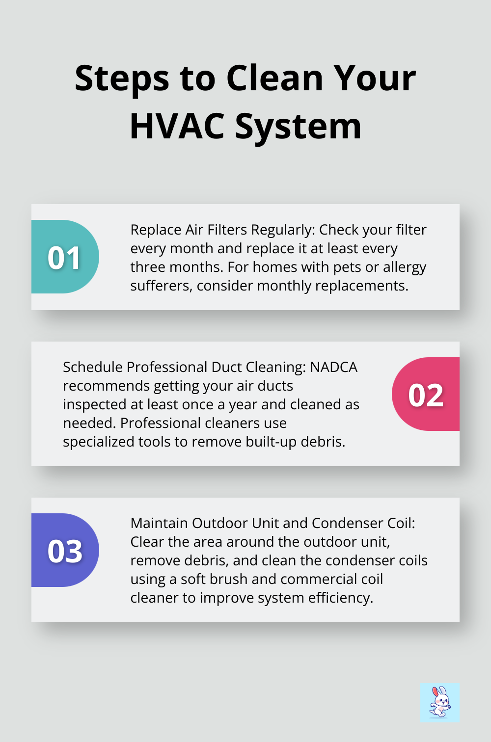 Ordered list chart showing three key steps to clean your HVAC system: replace air filters regularly, schedule professional duct cleaning, and maintain the outdoor unit and condenser coil.