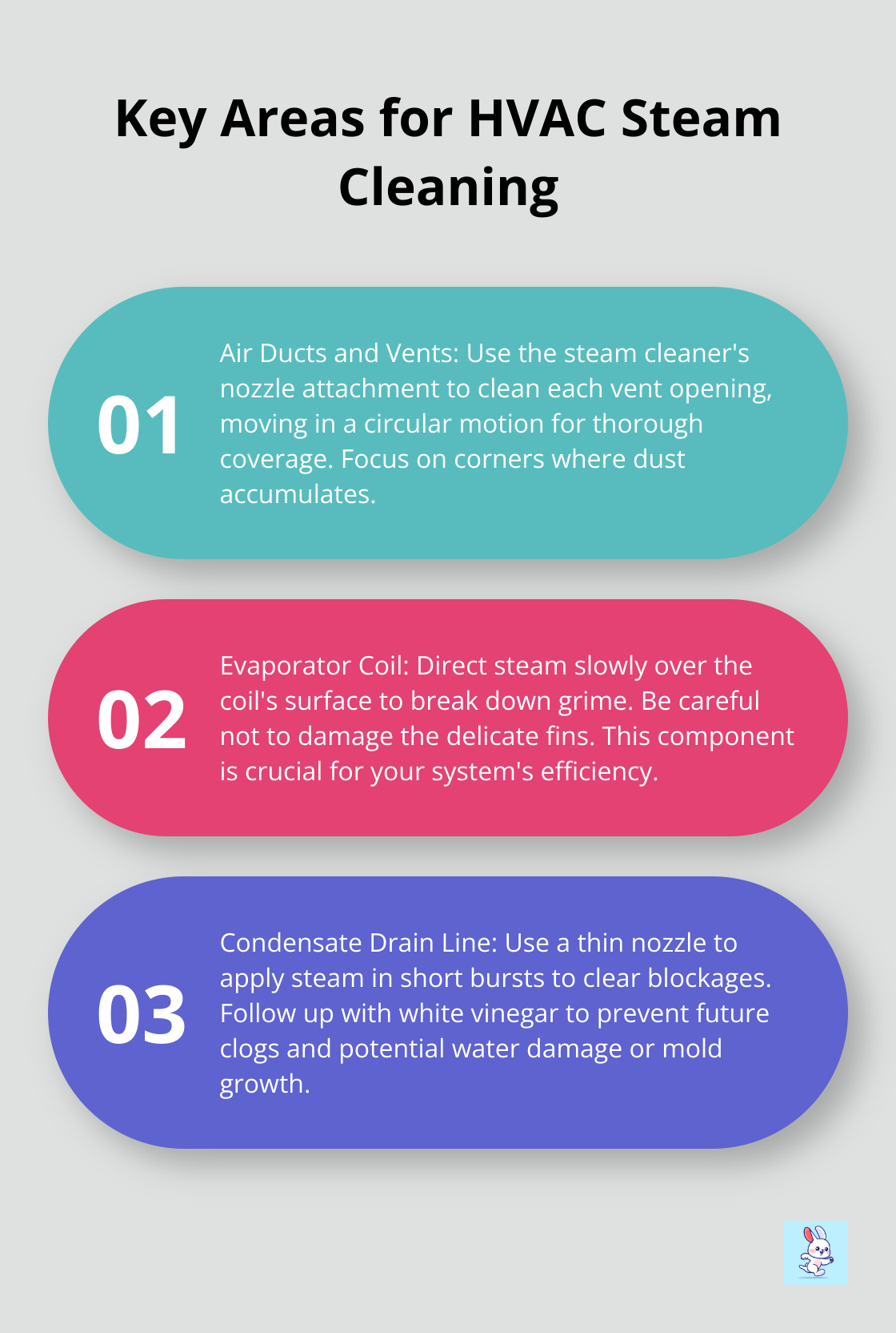 Ordered list chart showing 4 main areas to focus on when steam cleaning an HVAC system - hvac steam cleaning