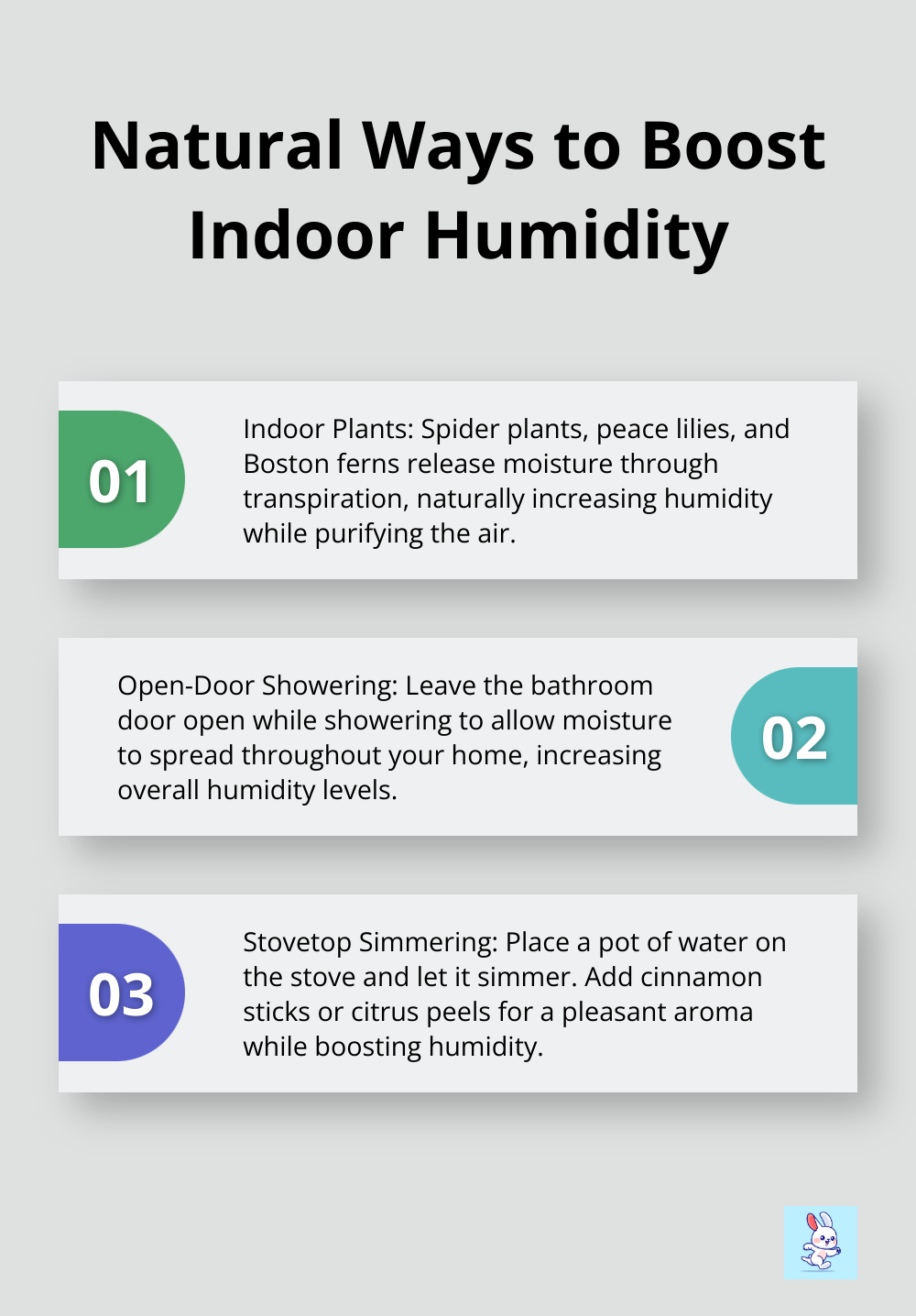 Ordered list chart showing three natural methods to increase indoor humidity: indoor plants, open-door showering, and stovetop simmering