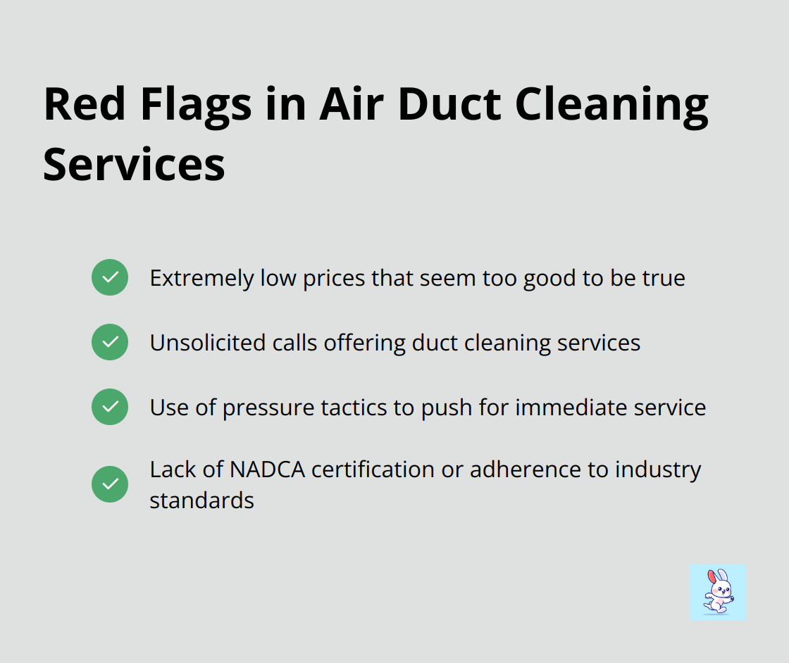 Checklist of red flags to watch out for when choosing an air duct cleaning service: extremely low prices, unsolicited calls, pressure tactics, and lack of NADCA certification.