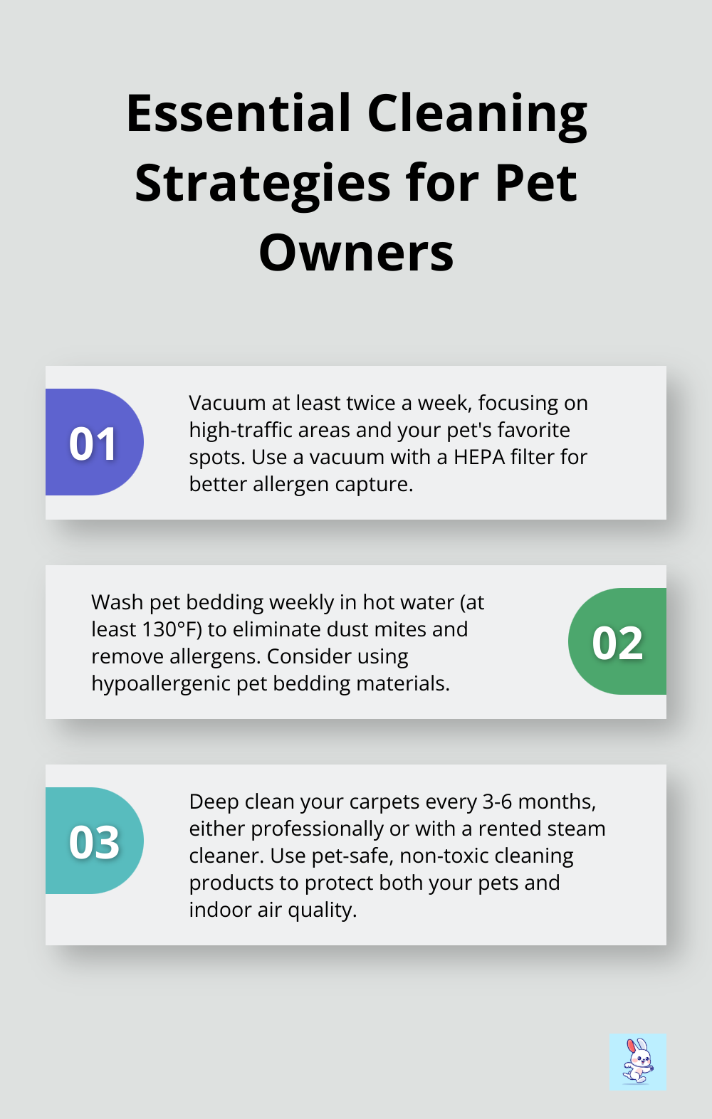 Ordered list of three key cleaning strategies for homes with pets - pet dander removal