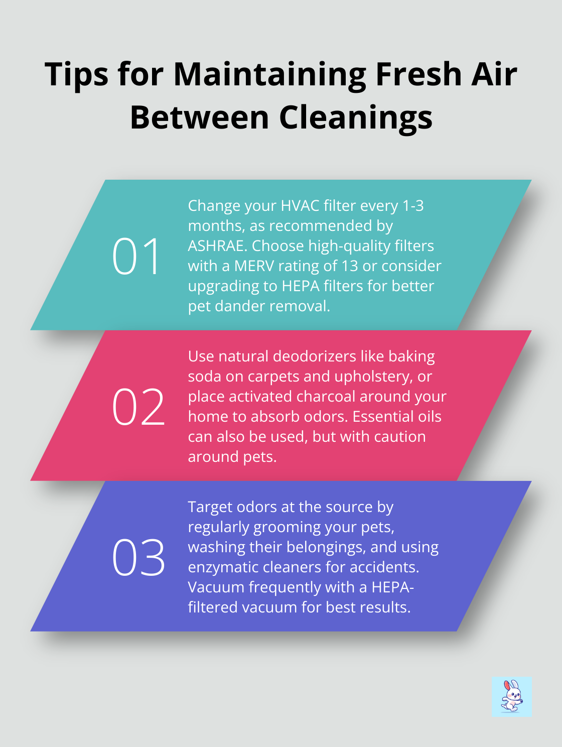 Ordered list of three tips for keeping air fresh between professional cleanings - pet odor elimination