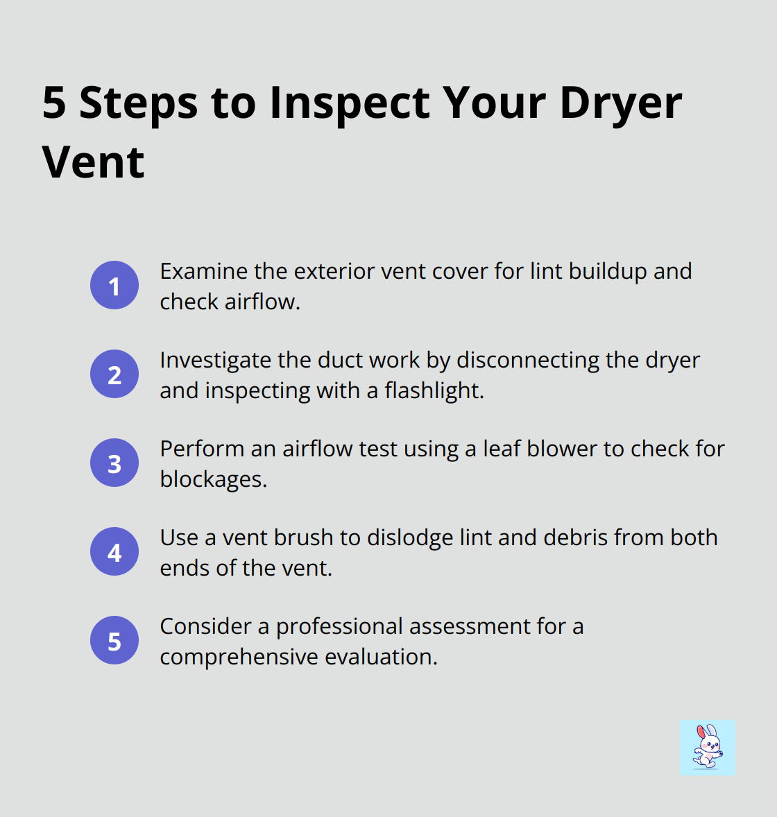 Ordered list of 5 steps to inspect a dryer vent - vent blockage signs